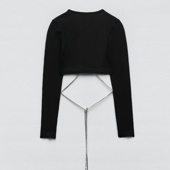 NWT ZARA NWT Zara BLACK SEAMLESS Contour RHINESTONE MESH Shirt Crop Top Plunge C - Picture 6 of 8